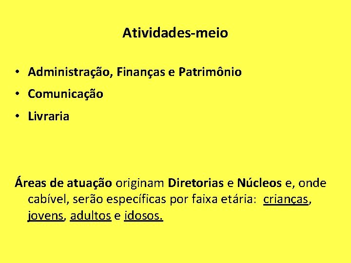 Atividades-meio • Administração, Finanças e Patrimônio • Comunicação • Livraria Áreas de atuação originam