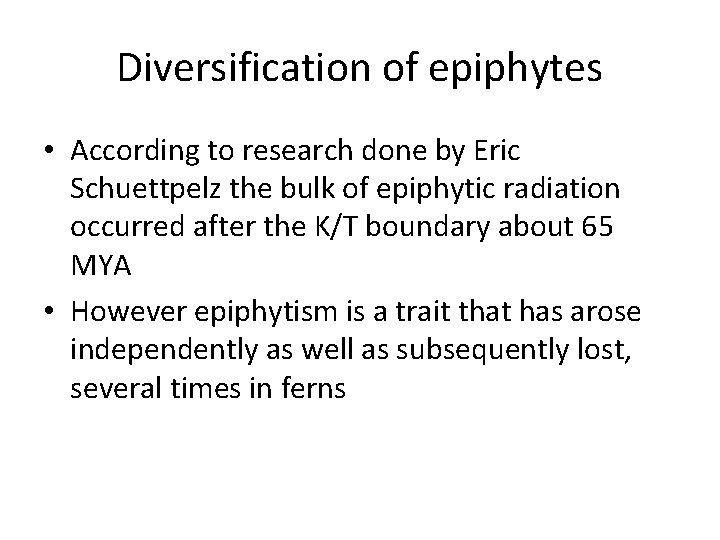 Diversification of epiphytes • According to research done by Eric Schuettpelz the bulk of