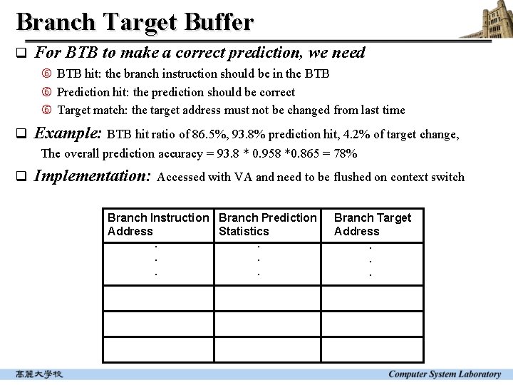 Branch Target Buffer q For BTB to make a correct prediction, we need BTB