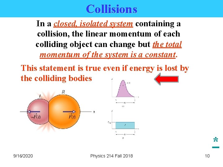 Collisions In a closed, isolated system containing a collision, the linear momentum of each