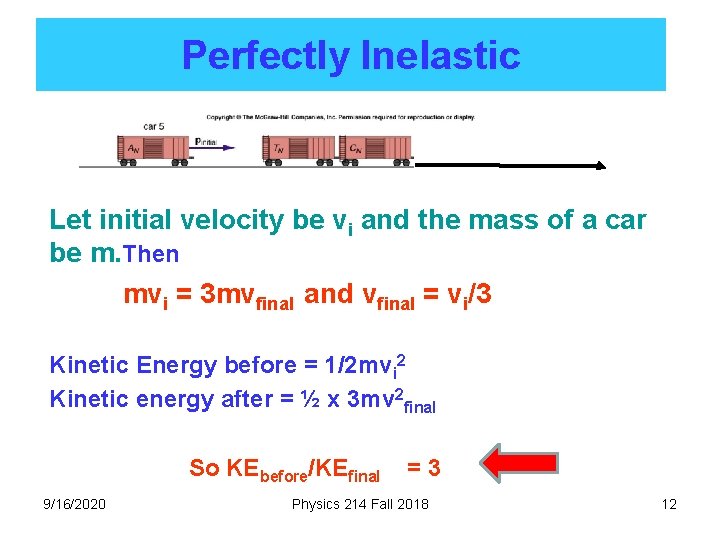 Perfectly Inelastic Let initial velocity be vi and the mass of a car be