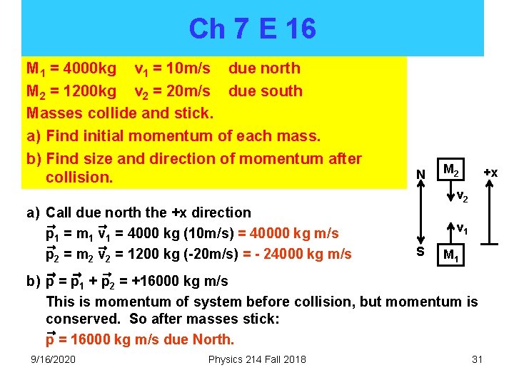 Ch 7 E 16 M 1 = 4000 kg v 1 = 10 m/s