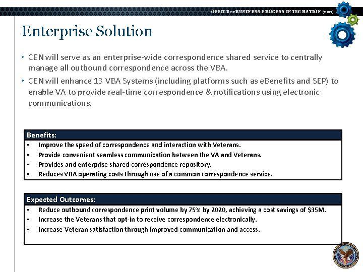 OFFICE OF BUSINESS PROCESS INTEGRATION (OBPI) Enterprise Solution • CEN will serve as an