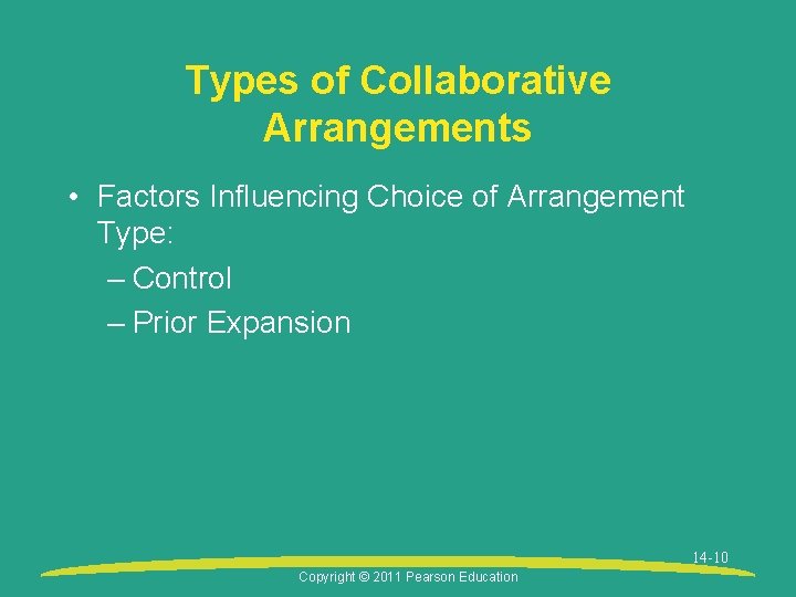 Types of Collaborative Arrangements • Factors Influencing Choice of Arrangement Type: – Control –