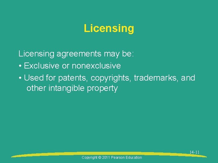 Licensing agreements may be: • Exclusive or nonexclusive • Used for patents, copyrights, trademarks,