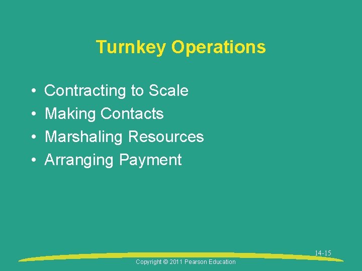 Turnkey Operations • • Contracting to Scale Making Contacts Marshaling Resources Arranging Payment 14