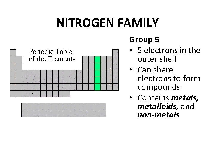 NITROGEN FAMILY Group 5 • 5 electrons in the outer shell • Can share