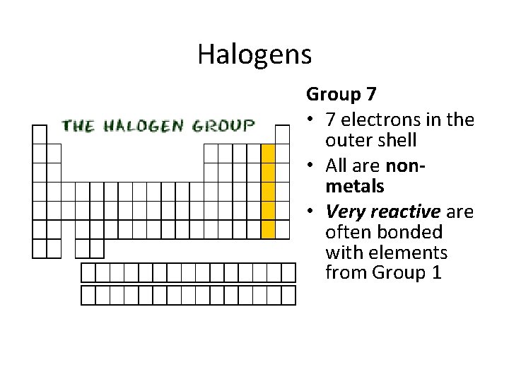 Halogens Group 7 • 7 electrons in the outer shell • All are nonmetals