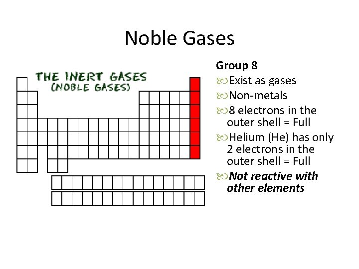 Noble Gases Group 8 Exist as gases Non-metals 8 electrons in the outer shell