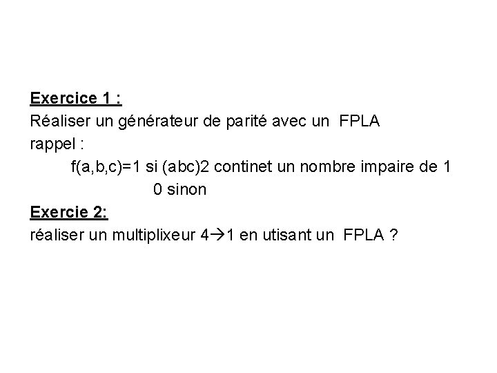 Exercice 1 : Réaliser un générateur de parité avec un FPLA rappel : f(a,