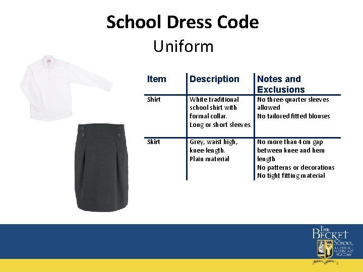 School Dress Code Uniform Item Description Notes and Exclusions Shirt White traditional No three-quarter