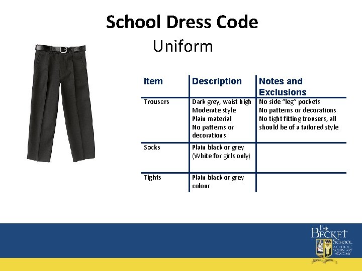 School Dress Code Uniform Item Description Notes and Exclusions Trousers Dark grey, waist high