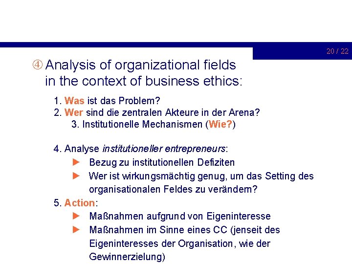 20 / 22 Analysis of organizational fields in the context of business ethics: 1.