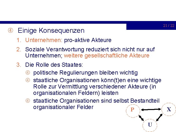 21 / 22 Einige Konsequenzen 1. Unternehmen: pro-aktive Akteure 2. Soziale Verantwortung reduziert sich