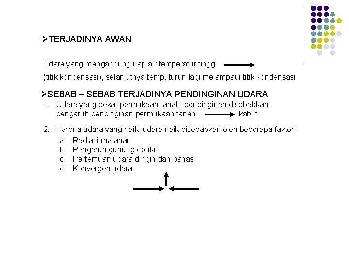  TERJADINYA AWAN Udara yang mengandung uap air temperatur tinggi (titik kondensasi), selanjutnya temp.