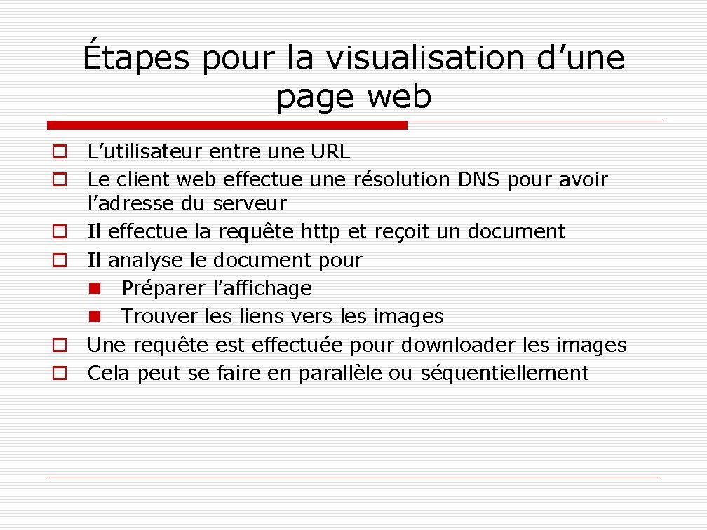 Étapes pour la visualisation d’une page web o L’utilisateur entre une URL o Le