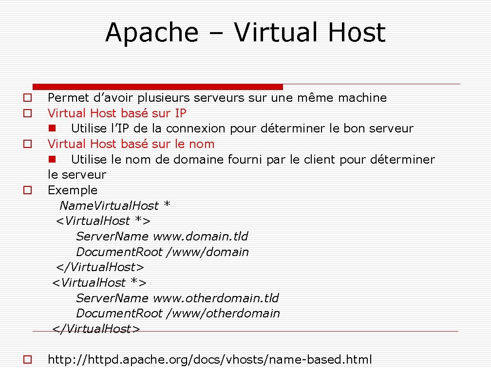 Apache – Virtual Host Permet d’avoir plusieurs serveurs sur une même machine Virtual Host