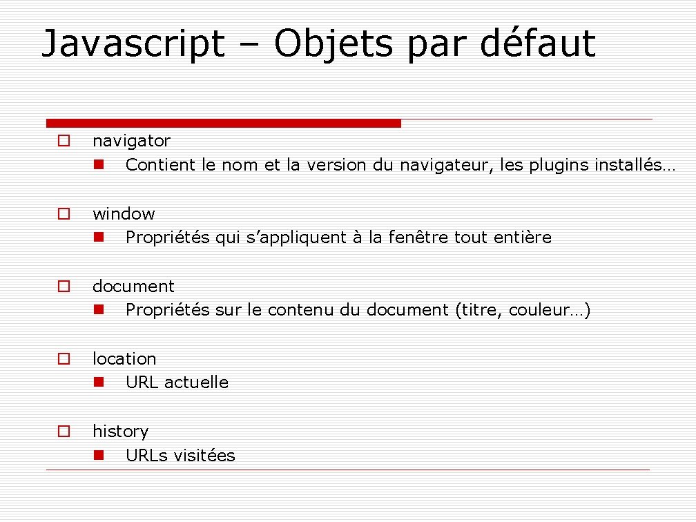 Javascript – Objets par défaut o navigator n Contient le nom et la version