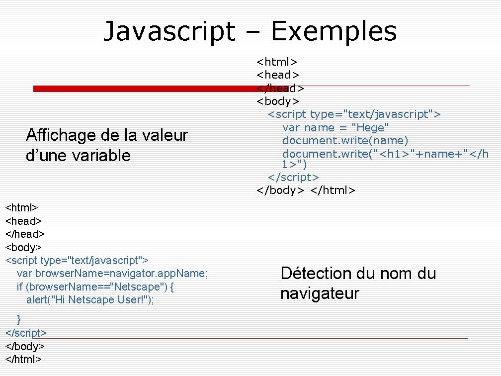 Javascript – Exemples Affichage de la valeur d’une variable <html> <head> </head> <body> <script