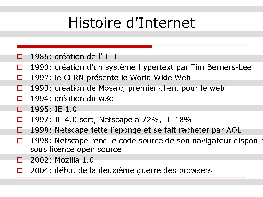 Histoire d’Internet 1986: création de l’IETF 1990: création d’un système hypertext par Tim Berners-Lee