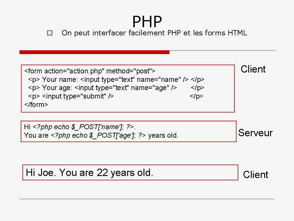 o PHP On peut interfacer facilement PHP et les forms HTML <form action="action. php"