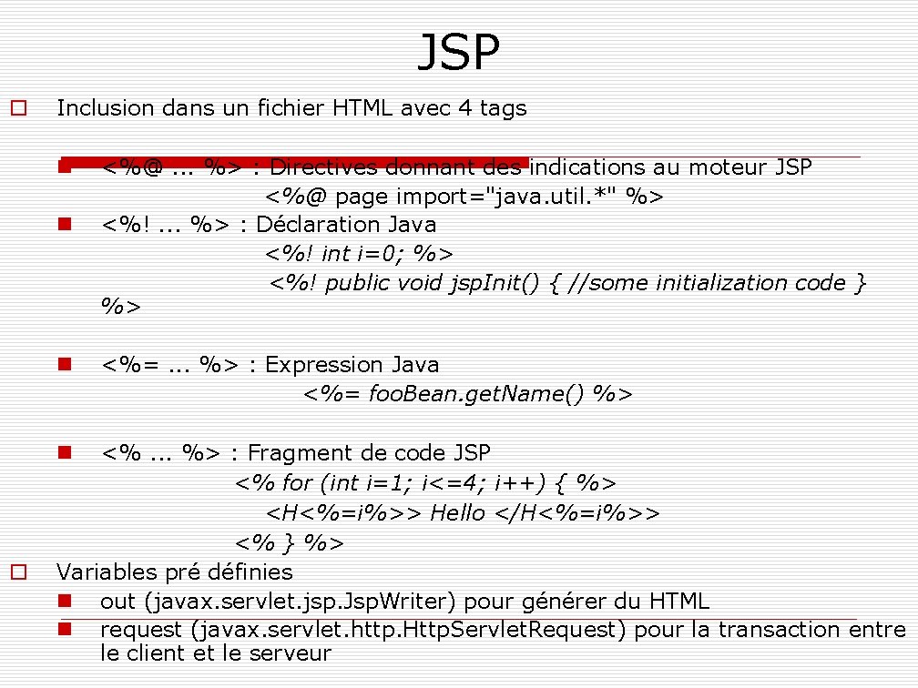 JSP o Inclusion dans un fichier HTML avec 4 tags n <%@. . .