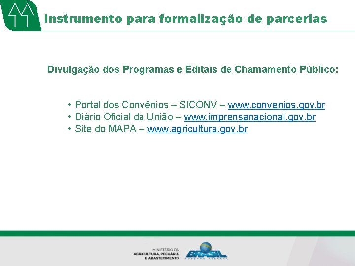 Instrumento para formalização de parcerias Divulgação dos Programas e Editais de Chamamento Público: •