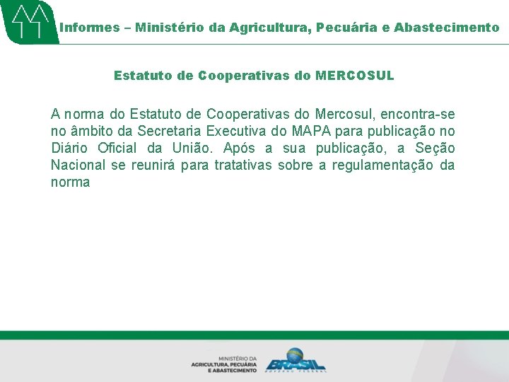 Informes – Ministério da Agricultura, Pecuária e Abastecimento Estatuto de Cooperativas do MERCOSUL A