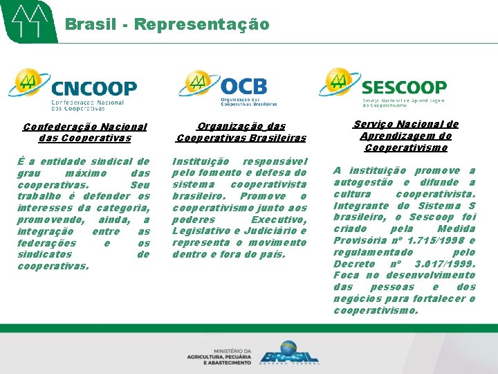 Brasil - Representação Confederação Nacional das Cooperativas Organização das Cooperativas Brasileiras É a entidade
