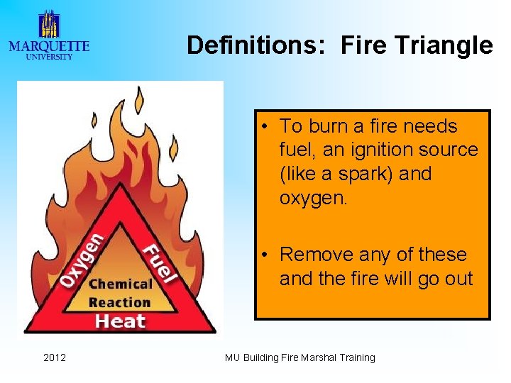 Definitions: Fire Triangle • To burn a fire needs fuel, an ignition source (like