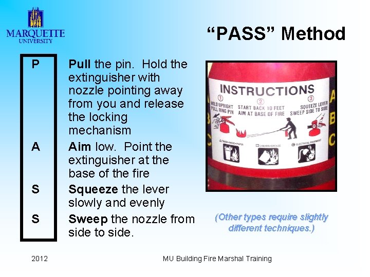 “PASS” Method P A S S 2012 Pull the pin. Hold the extinguisher with