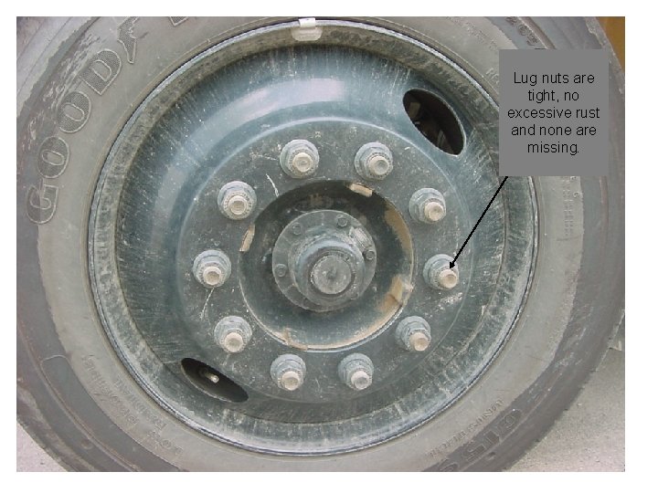 Lug nuts are tight, no excessive rust and none are missing. 