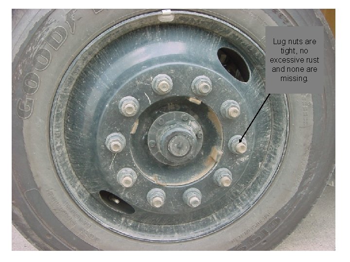 Lug nuts are tight, no excessive rust and none are missing. 