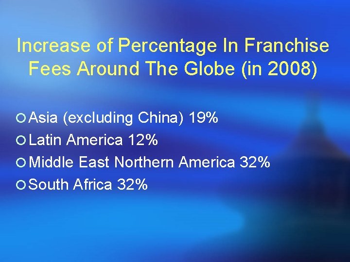 Increase of Percentage In Franchise Fees Around The Globe (in 2008) ¡ Asia (excluding