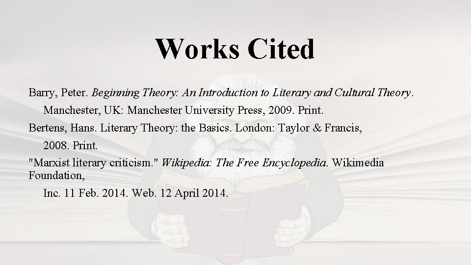 Works Cited Barry, Peter. Beginning Theory: An Introduction to Literary and Cultural Theory. Manchester,