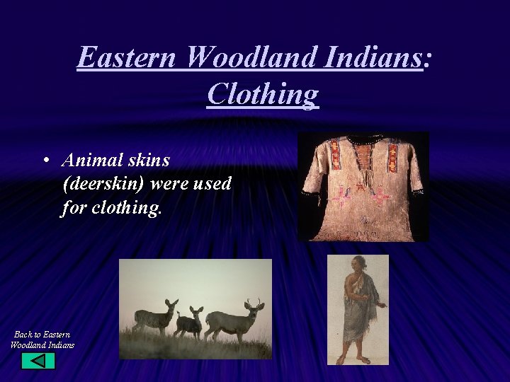 Eastern Woodland Indians: Clothing • Animal skins (deerskin) were used for clothing. Back to