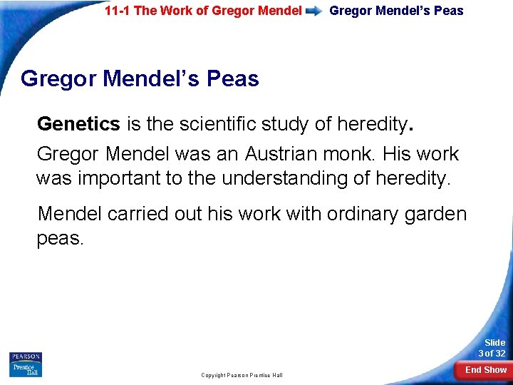 11 -1 The Work of Gregor Mendel’s Peas Genetics is the scientific study of