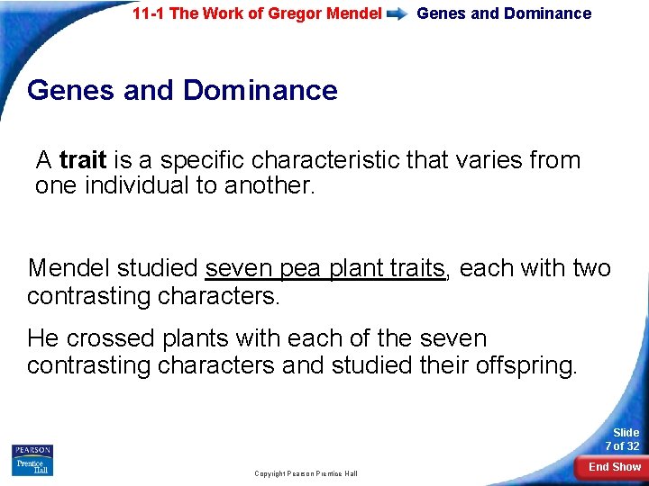 11 -1 The Work of Gregor Mendel Genes and Dominance A trait is a
