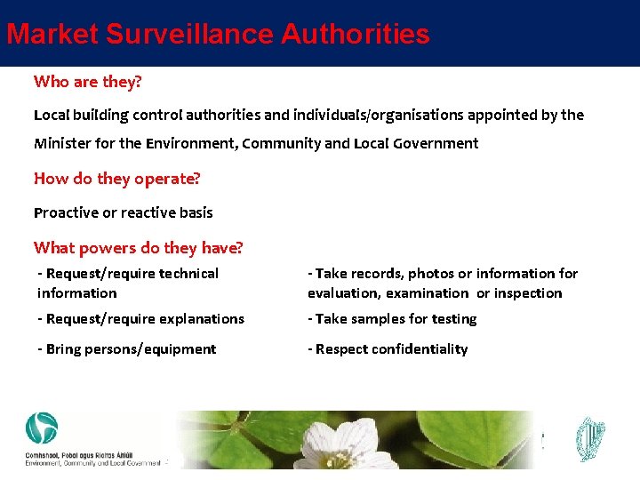 Market Surveillance Authorities Who are they? Local building control authorities and individuals/organisations appointed by