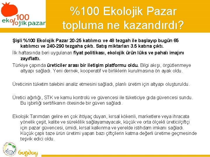 %100 Ekolojik Pazar topluma ne kazandırdı? Şişli %100 Ekolojik Pazar 20 -25 katılımcı ve