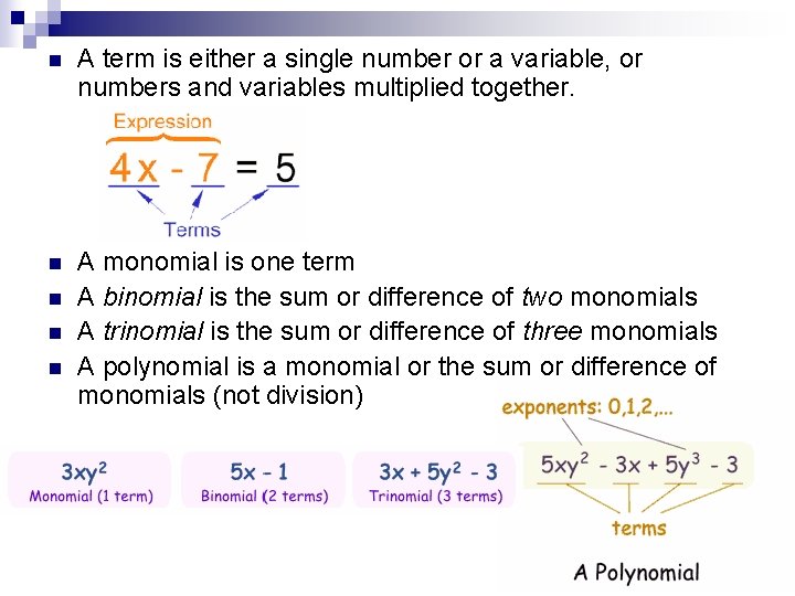 n A term is either a single number or a variable, or numbers and