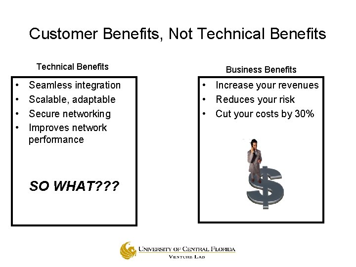 Customer Benefits, Not Technical Benefits • • Technical Benefits Business Benefits Seamless integration Scalable,