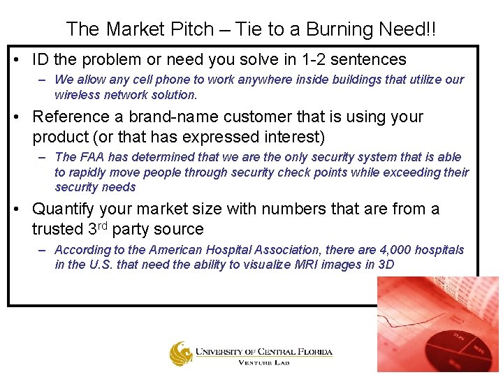 The Market Pitch – Tie to a Burning Need!! • ID the problem or