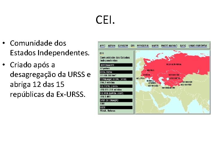 CEI. • Comunidade dos Estados Independentes. • Criado após a desagregação da URSS e