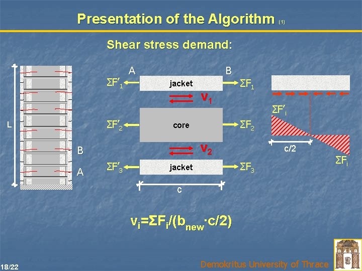 Presentation of the Algorithm (1) Shear stress demand: ΣF’ 1 ΣF’ 2 L A