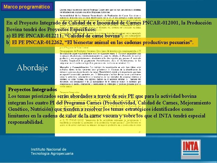 Marco programático En el Proyecto Integrado de Calidad de e Inocuidad de Carnes PNCAR-012001,