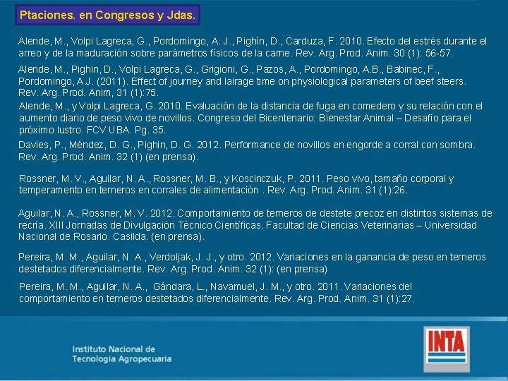 Ptaciones. en Congresos y Jdas. Alende, M. , Volpi Lagreca, G. , Pordomingo, A.