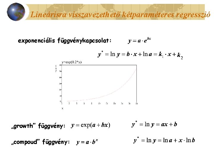 Lineárisra visszavezethető kétparaméteres regresszió exponenciális függvénykapcsolat: „growth” függvény: „compoud” függvény: 