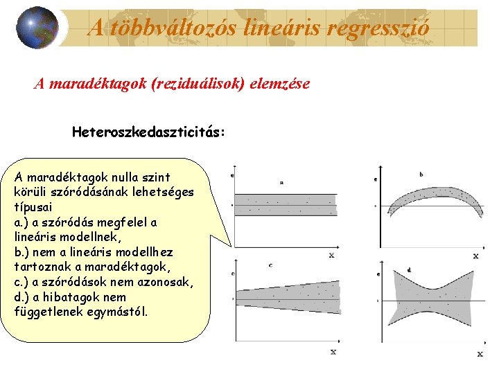 A többváltozós lineáris regresszió A maradéktagok (reziduálisok) elemzése Heteroszkedaszticitás: A maradéktagok nulla szint körüli