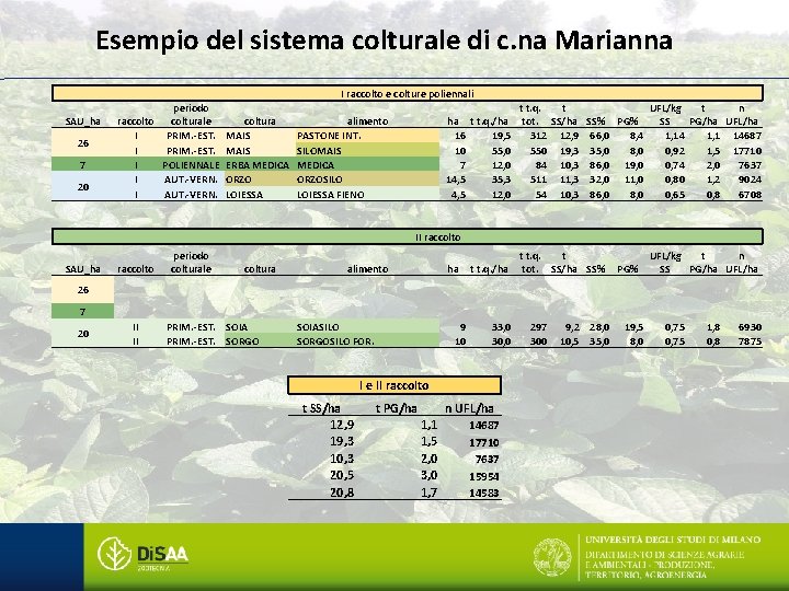 Esempio del sistema colturale di c. na Marianna I raccolto e colture poliennali SAU_ha